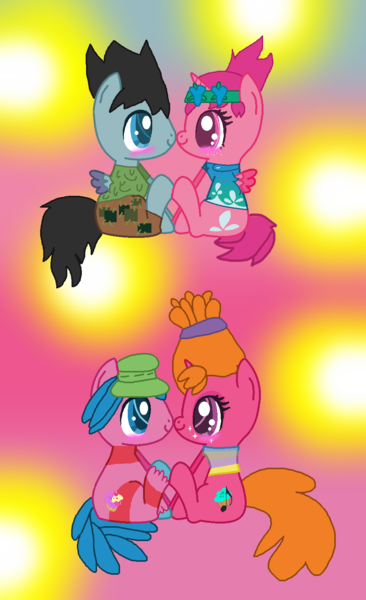 Size: 957x1569 | Tagged: safe, artist:mixelfangirl100, derpibooru import, oc, ponified, unofficial characters only, alicorn, earth pony, pegasus, pony, unicorn, colored pupils, cooper, dj suki, dreamworks trolls, poppy, tree branch, trolls