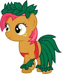 Size: 1501x1805 | Tagged: safe, artist:cloudyglow, derpibooru import, babs seed, earth pony, pony, adorababs, clothes, clothes swap, cosplay, costume, crossover, cute, disney, female, filly, foal, freckles, grass skirt, lilo and stitch, lilo pelekai, midriff, one hoof raised, raised hoof, simple background, smiling, solo, standing, transparent background
