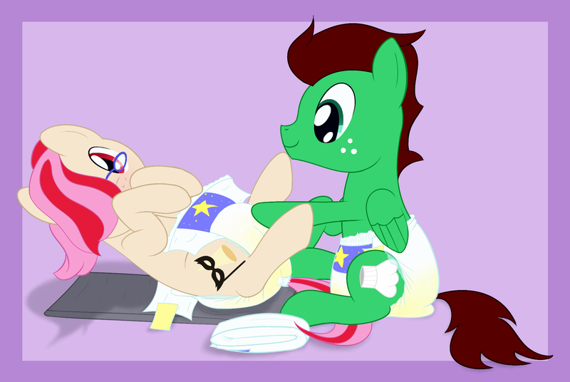 Size: 1964x1317 | Tagged: artist:nitei, blushing, derpibooru import, diaper, diaper change, diaper fetish, oc, oc:northern haste, oc:understudy, questionable, unofficial characters only, urine, wet diaper