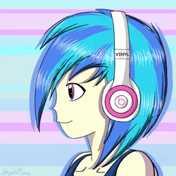 Size: 1400x1400 | Tagged: artist:linlaifeng, beats by dr dre, clothes, derpibooru import, headphones, human, humanized, safe, side view, solo, vinyl scratch