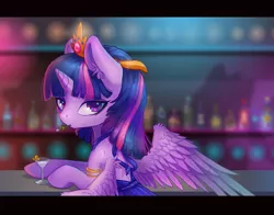 Size: 1600x1254 | Tagged: safe, artist:orchidpony, derpibooru import, twilight sparkle, twilight sparkle (alicorn), alicorn, pony, alcohol, armband, bar, bipedal, bipedal leaning, cheek fluff, clothes, colored pupils, dress, drink, drunk, drunk twilight, ear fluff, eyeshadow, leaning, lidded eyes, looking at you, makeup, martini, mouth hold, shoulder fluff, solo, spread wings, wing fluff