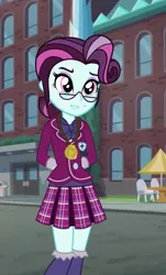 Size: 2792x4624 | Tagged: artist needed, safe, derpibooru import, part of a set, principal abacus cinch, equestria girls, abacus cinch through the years, absurd resolution, arm behind back, cinchabetes, clothes, crystal prep academy, crystal prep academy uniform, crystal prep shadowbolts, cute, glasses, medal, pleated skirt, school uniform, skirt, smiling, socks, solo, when she smiles, younger, younger cinch