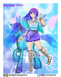 Size: 2850x3580 | Tagged: safe, artist:aspirantedeartista, derpibooru import, oc, oc:northern lights, unofficial characters only, pegasus, pony, equestria girls, art trade, clothes, cute, equestria girls-ified, hair over one eye, human ponidox, open mouth, raised hoof, sandals, self ponidox, signature, skirt, solo