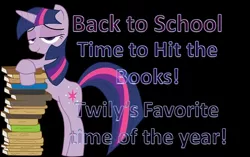 Size: 960x604 | Tagged: artist needed, back to school, bipedal, book, bookhorse, derpibooru import, january, safe, school, school holidays, school term, solo, text, that pony sure does love books, twilight sparkle