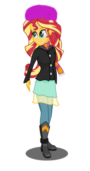 Size: 2864x5410 | Tagged: safe, artist:deannaphantom13, derpibooru import, sunset shimmer, equestria girls, absurd resolution, boots, clothes, cute, hat, high heel boots, pants, scarf, shimmerbetes, simple background, smiling, solo, transparent background