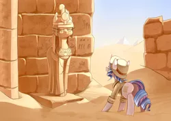 Size: 3507x2480 | Tagged: safe, derpibooru import, oc, oc:opuscule antiquity, unofficial characters only, pony, unicorn, clothes, commission, desert, egypt, egyptian, explorer outfit, exploring, female, hat, looking at something, mare, pith helmet, pyramid, solo, statue