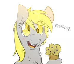 Size: 3000x2600 | Tagged: safe, artist:fluffyxai, derpibooru import, derpy hooves, pegasus, pony, blushing, chest fluff, cute, derpabetes, female, fluffy, food, hoof hold, looking at you, mare, muffin, open mouth, simple background, smiling, solo, that pony sure does love muffins, white background