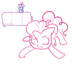 Size: 593x525 | Tagged: safe, artist:mcponyponypony, derpibooru import, pinkie pie, twilight sparkle, pony, animated, behaving like a cat, couch, cute, gif, laser, laser pointer, magic, pinkie cat, ponk, silly, silly pony, simple background, white background