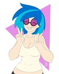 Size: 1280x1600 | Tagged: artist:souladdicted, blushing, breasts, busty vinyl scratch, cleavage, clothes, derpibooru import, female, human, humanized, midriff, peace sign, safe, smiling, solo, tanktop, vinyl scratch