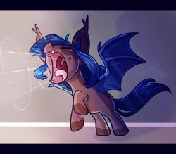 Size: 700x614 | Tagged: safe, artist:vampireselene13, derpibooru import, oc, oc:eventide everlight, unofficial characters only, bat pony, pony, crying, ear tufts, eeee, eyes closed, fangs, female, filly, open mouth, raised hoof, rearing, screaming, screech, shout, skree, solo, spread wings, tongue out, uvula, wings
