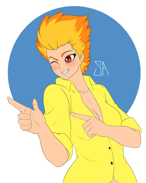 Size: 1280x1600 | Tagged: artist:souladdicted, blushing, derpibooru import, finger gun, finger guns, grin, human, humanized, one eye closed, pointing, safe, simple background, smiling, solo, spitfire, wink