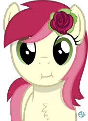 Size: 2018x2787 | Tagged: safe, artist:arifproject, derpibooru import, roseluck, earth pony, pony, arif's scrunchy pone, cheek puffing, chest fluff, cute, female, flower, flower in hair, looking at you, mare, rose, simple background, solo, transparent background, vector