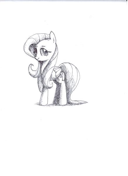 Size: 10200x14016 | Tagged: absurd resolution, artist:ferexes, crosshatch, derpibooru import, fluttershy, folded wings, looking at you, monochrome, raised hoof, safe, sketch, solo, traditional art