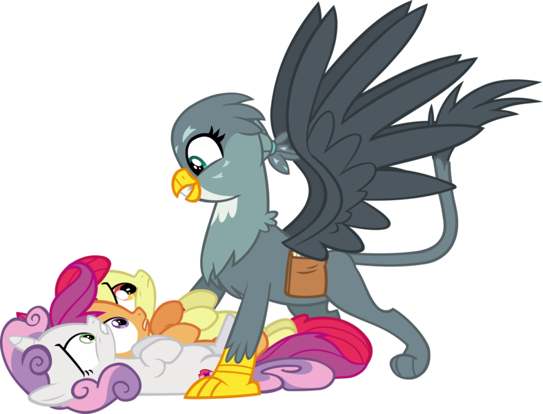 Size: 4692x3578 | Tagged: safe, artist:ironm17, derpibooru import, apple bloom, gabby, scootaloo, sweetie belle, gryphon, pony, the fault in our cutie marks, absurd resolution, bag, cutie mark, cutie mark crusaders, female, filly, happy, scared, simple background, smiling, the cmc's cutie marks, transparent background, vector