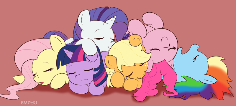 Size: 1000x450 | Tagged: safe, artist:empyu, derpibooru import, applejack, fluttershy, pinkie pie, rainbow dash, rarity, twilight sparkle, pony, unicorn, chibi, cuddle puddle, cuddling, cute, dashabetes, diapinkes, eyes closed, female, freckles, hnnng, jackabetes, mane six, open mouth, pony pile, pony pillow, raribetes, shyabetes, simple background, sleeping, twiabetes, weapons-grade cute