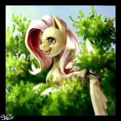 Size: 2200x2200 | Tagged: artist:shisorus, derpibooru import, fluttershy, open mouth, prone, safe, smiling, solo, tree, tree top
