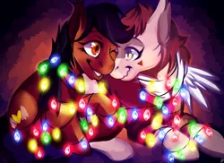 Size: 1584x1152 | Tagged: safe, artist:afterdarkpark, derpibooru import, oc, oc:nuke, oc:speck, unofficial characters only, bat pony, pony, christmas lights, female, husband and wife, male, married couple, married couples doing married things, nuzzling, speke