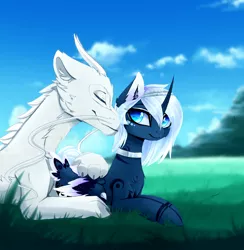 Size: 2400x2462 | Tagged: safe, artist:magnaluna, derpibooru import, princess luna, oc, oc:zefiroth, dragon, pony, alternate universe, canon x oc, cheek fluff, chest fluff, choker, cloud, colored pupils, couple, cuddling, ear fluff, eyes closed, eyeshadow, field, fluffy, grass, lidded eyes, makeup, male, nuzzling, paws, prone, reflection, runes, shipping, sky, smiling, snuggling, straight, whiskers