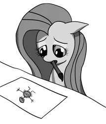 Size: 1936x2256 | Tagged: artist:waffleberry, black and white, cyrillic, derpibooru import, disappointed, dissatisfied, drawing, first you draw a circle, floppy ears, fluttershy, grayscale, looking down, monochrome, paintbrush, paper, russian, sad, safe, simple background, solo, stick figure, white background