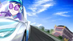 Size: 3000x1687 | Tagged: safe, artist:nekokevin, derpibooru import, vinyl scratch, equestria girls, building, canterlot high, car, clothes, cloud, driving, headphones, seatbelt, sky, solo, steering wheel, street, sunglasses