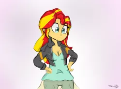 Size: 1631x1200 | Tagged: safe, artist:mildockart, derpibooru import, sunset shimmer, equestria girls, breasts, clothes, female, heroic, pants, solo