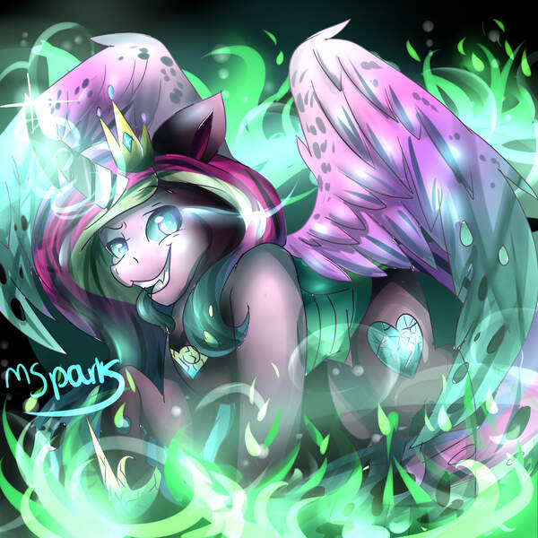 Size: 2500x2500 | Tagged: safe, artist:magmasparks, derpibooru import, princess cadance, queen chrysalis, alicorn, changeling, pony, changeling magic, character to character, crown, digital art, disguise, disguised changeling, evil grin, fake cadance, fangs, female, fire, green fire, grin, hoof shoes, jewelry, magic, mare, peytral, regalia, shapeshifting, smiling, solo, spread wings, teeth, transformation