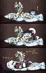 Size: 1262x2000 | Tagged: artist:arctic-fox, clothes, controller, costume, derpibooru import, exclamation point, hat, oc, oc:ashley fox, oc:patrick poe, oc x oc, pillow, safe, shipping, unofficial characters only, zebra
