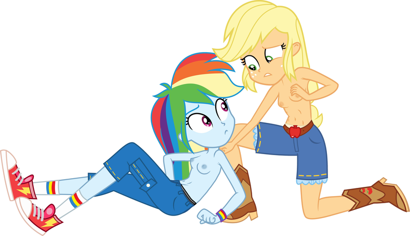 Size: 5768x3322 | Tagged: questionable, artist:anhel032015, derpibooru import, edit, vector edit, applejack, rainbow dash, equestria girls, legend of everfree, absurd resolution, belly button, boots, breasts, clothes, converse, female, freckles, hatless, jeans, missing accessory, nipples, nude edit, nudity, pants, partial nudity, partial nudity edit, shoes, shorts, show accurate, show accurate porn, simple background, sneakers, topless, vector