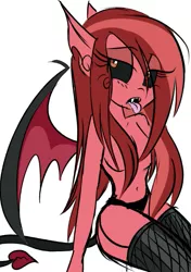 Size: 465x659 | Tagged: suggestive, artist:wubcakeva, derpibooru import, oc, oc:scarlett, unofficial characters only, succubus, equestria girls, black sclera, black underwear, clothes, female, fishnets, godiva hair, panties, partial nudity, simple background, solo, solo female, strategically covered, tongue out, topless, underwear, white background