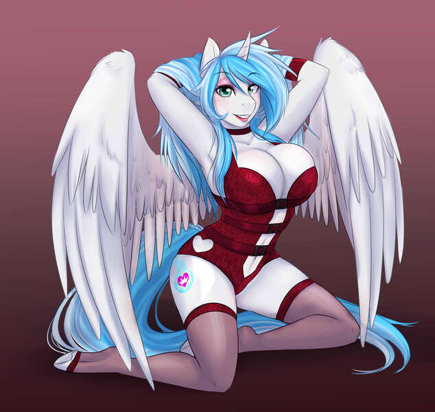 Size: 3500x3310 | Tagged: alicorn, alicorn oc, anthro, anthro oc, armpits, artist:askbubblelee, bedroom eyes, big breasts, blue hair, breasts, clothes, commission, derpibooru import, eyeshadow, female, kneeling, large wings, lingerie, lipstick, makeup, oc, oc:lyoko hope, sexy, smiling, solo, solo female, suggestive, underhoof, unguligrade anthro, unofficial characters only, wings