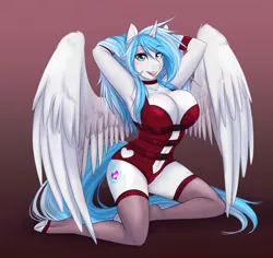 Size: 3500x3310 | Tagged: alicorn, alicorn oc, anthro, anthro oc, armpits, artist:askbubblelee, bedroom eyes, big breasts, blue hair, breasts, clothes, commission, derpibooru import, eyeshadow, female, kneeling, large wings, lingerie, lipstick, makeup, oc, oc:lyoko hope, sexy, smiling, solo, solo female, suggestive, underhoof, unguligrade anthro, unofficial characters only, wings