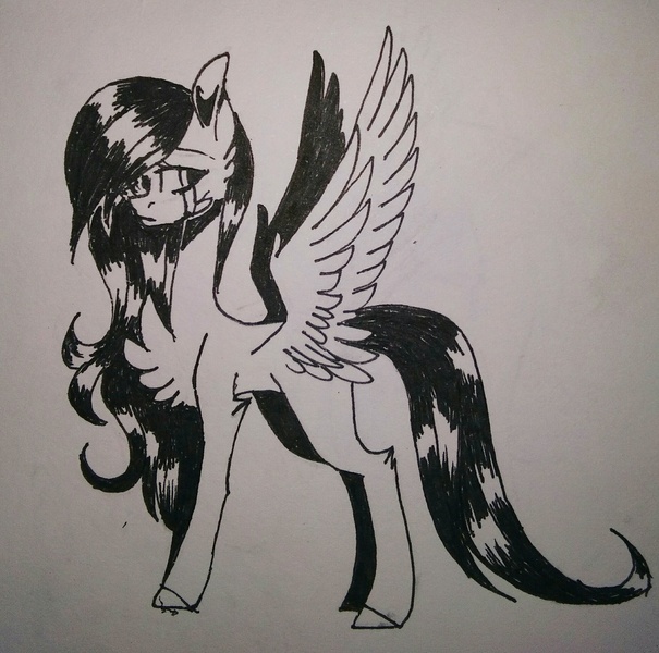 Size: 2357x2336 | Tagged: safe, artist:huirou, derpibooru import, oc, unofficial characters only, pegasus, pony, chest fluff, crying, female, mare, monochrome, solo, traditional art