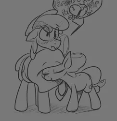 Size: 1123x1157 | Tagged: safe, artist:storyteller, derpibooru import, oc, oc:cherry sweetheart, oc:omelette, unofficial characters only, earth pony, pony, blushing, cute, eyes closed, gray background, grayscale, heart, heartbeat, hoof hold, listening, monochrome, nervous, scrunchy face, shy, simple background, smiling, sweat