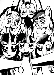 Size: 1351x1861 | Tagged: applejack, artist:mrpenceaul, derpibooru import, fluttershy, lipstick, mane six, monochrome, pinkie pie, rainbow dash, rarity, safe, selfie, smiling, traditional art, twilight sparkle, upside down