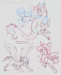 Size: 900x1105 | Tagged: safe, artist:stepandy, derpibooru import, oc, oc:pandora, oc:prince illusion, oc:princess iridescence, oc:starburst, unofficial characters only, draconequus, hybrid, pegasus, pony, kilalaverse, pandoraverse, draconequus oc, female, gray background, half-siblings, interdimensional siblings, interspecies offspring, large wings, limited palette, lineart, male, mare, next generation, offspring, parent:discord, parent:flash sentry, parent:princess celestia, parent:twilight sparkle, parents:chryslestia, parents:discolight, parents:dislestia, parents:flashlight, realistic horse legs, simple background, sketch, spread wings, stallion, wings