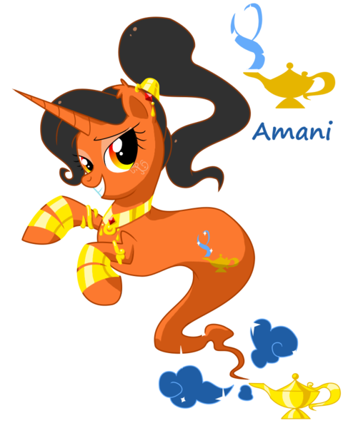 Size: 800x1000 | Tagged: safe, artist:yokokinawa, derpibooru import, oc, oc:amani, unofficial characters only, genie, genie pony, pony, unicorn, adoptable, armband, ear piercing, jewelry, lamp, necklace, piercing, ponytail, smiling, smoke, solo, sparkles