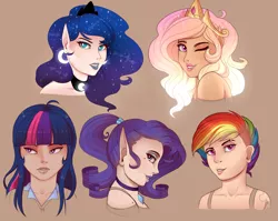 Size: 2450x1948 | Tagged: alternate hairstyle, artist:evehly, crown, derpibooru import, ear piercing, earring, elf ears, female, human, humanized, jewelry, lipstick, looking at you, necklace, one eye closed, pendant, piercing, ponytail, princess celestia, princess luna, rainbow dash, rarity, regalia, royal sisters, safe, short hair, short hair rainbow dash, slit eyes, smiling, twilight sparkle, unicorns as elves, wink