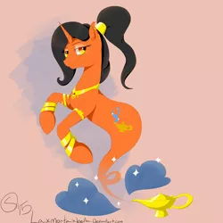 Size: 1024x1024 | Tagged: safe, artist:sydfreak2, derpibooru import, oc, oc:amani, unofficial characters only, genie, genie pony, pony, unicorn, armband, commission, ear piercing, jewelry, lamp, necklace, piercing, ponytail, smoke, solo, sparkles