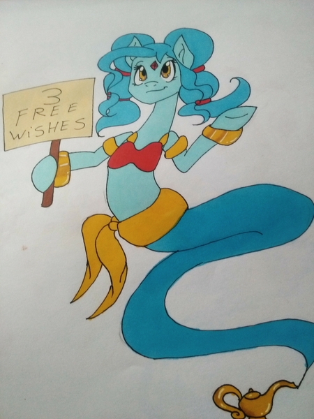 Size: 2448x3264 | Tagged: armband, artist:evyxhearts, derpibooru import, gem, genie, genie pony, lamp, oc, oc:kaliyah, safe, sign, solo, traditional art, unofficial characters only, waistband
