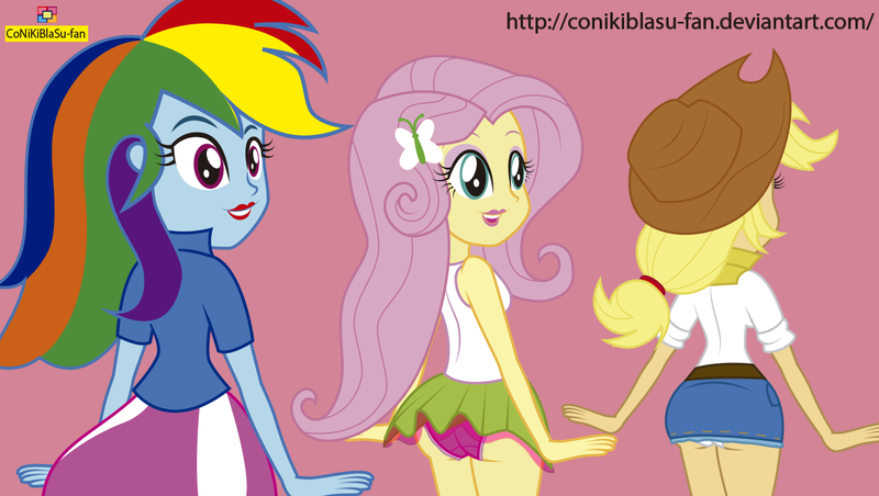 Size: 1366x772 | Tagged: suggestive, artist:conikiblasu-fan, derpibooru import, edit, applejack, fluttershy, rainbow dash, human, equestria girls, clothes, cosplay, costume, cowboy hat, cropped, denim skirt, eqg el show en vivo, equestria girls interpretation, flutterbutt, hat, lipstick, makeup, panties, panty shot, photo, pink underwear, scene interpretation, skirt, skirt lift, stetson, underwear, unintended, upskirt, white underwear