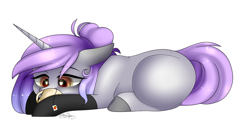 Size: 1917x1037 | Tagged: safe, artist:ohhoneybee, derpibooru import, oc, oc:tessa, unofficial characters only, pony, unicorn, clothes, female, food, heart eyes, mare, prone, simple background, socks, solo, tea, transparent background, wingding eyes