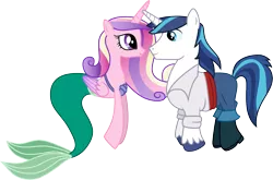 Size: 1501x991 | Tagged: ariel, artist:cloudyglow, clothes, clothes swap, cosplay, costume, crossover, derpibooru import, disney, looking at each other, male, mermaid, merpony, pants, prince eric, princess cadance, safe, seahorse, shining armor, shiningcadance, shipping, shirt, simple background, smiling, straight, the little mermaid, transparent background, vector