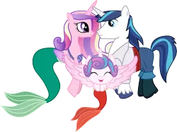 Size: 1501x1114 | Tagged: ariel, artist:cloudyglow, clothes, clothes swap, cosplay, costume, crossover, derpibooru import, disney, eyes closed, family, looking at each other, male, mermaid, merpony, pants, prince eric, princess cadance, princess flurry heart, princess melody, safe, seahorse, shining armor, shiningcadance, shipping, shirt, simple background, smiling, straight, the little mermaid, transparent background, vector