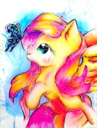 Size: 1844x2429 | Tagged: artist:silver-artemis-moon, butterfly, derpibooru import, floating, fluttershy, looking at something, looking up, safe, solo, spread wings, traditional art, watercolor painting