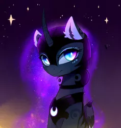 Size: 2330x2460 | Tagged: safe, artist:magnaluna, derpibooru import, princess luna, alicorn, pony, armor, beautiful, color porn, cute, female, galaxy mane, glowing mane, helmet, looking at you, lunabetes, mare, smiling, solo, stars