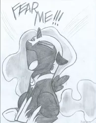 Size: 1700x2177 | Tagged: artist:kerorolover16, cute, derpibooru import, fear me, filly, grayscale, monochrome, nightmare moon, nightmare woon, safe, screaming, sketch, solo, traditional art