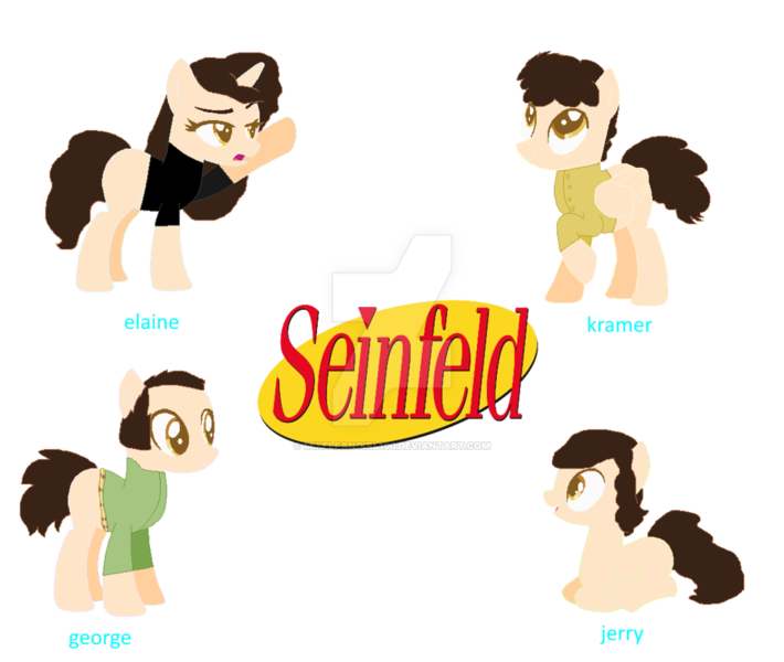 Size: 1024x865 | Tagged: artist:mixelfangirl100, artist:selenaede, base used, cosmo kramer, derpibooru import, elaine, elaine benes, george, george costanza, jerry, jerry seinfeld, kramer, lidded eyes, looking up, open mouth, ponified, prone, raised hoof, safe, seinfeld, simple background, smiling, transparent background, watermark