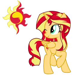 Size: 1000x1000 | Tagged: safe, artist:luckyclau, derpibooru import, sunset shimmer, alicorn, pony, equestria girls, alicornified, backwards cutie mark, baconcorn, cutie mark, one eye closed, race swap, raised hoof, shimmercorn, simple background, solo, transparent background, wink