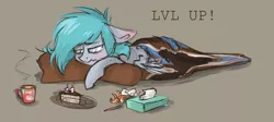 Size: 1280x572 | Tagged: safe, artist:lonerdemiurge_nail, derpibooru import, oc, oc:nail, unofficial characters only, pegasus, pony, blanket, cake, food, prone, solo