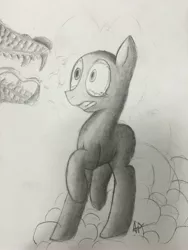 Size: 3024x4032 | Tagged: absurd resolution, artist:mranthony2, derpibooru import, dragon, implied pinkie pie, monochrome, roar, safe, scared, shading, skidding, traditional art